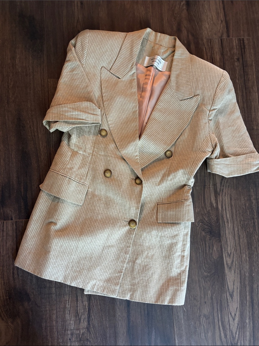 Vintage Linen Beige Short-Sleeve Double-Breasted Blazer